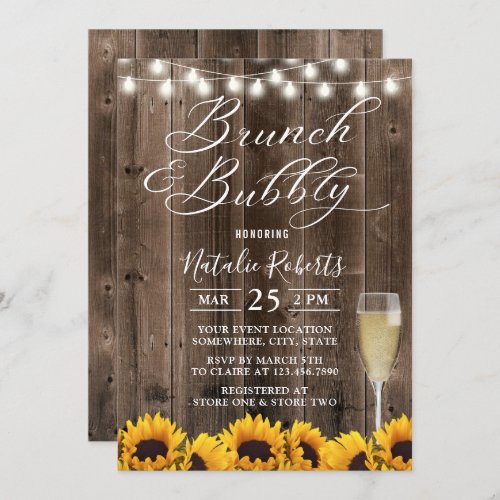 Brunch  Bubbly Rustic Sunflower Bridal Shower Invitation