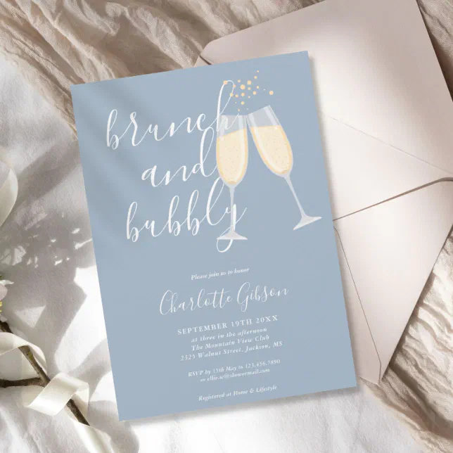 Brunch Bubbly Script Bridal Shower Dusty Blue Invitation | Zazzle