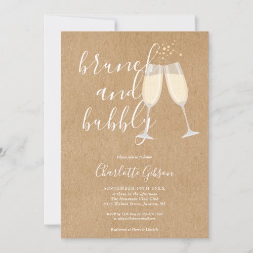 Brunch Bubbly Script Bridal Shower Rustic Kraft Invitation