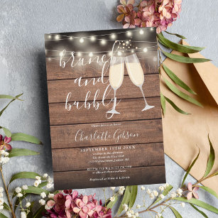 Brunch Bubbly Script Bridal Shower Rustic Wood Invitation