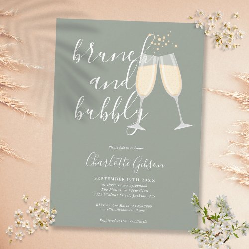 Brunch Bubbly Script Bridal Shower Sage Green Invitation