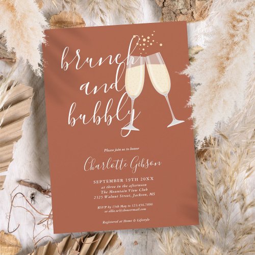 Brunch Bubbly Script Bridal Shower Terracotta Invitation