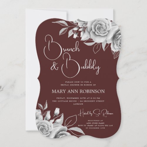 BRUNCH BUBBLY Silver Floral Bridal Shower Burgundy Invitation