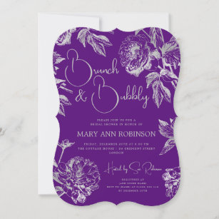 BRUNCH & BUBBLY Silver Floral Bridal Shower Purple Invitation