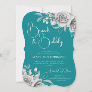 BRUNCH & BUBBLY Silver Floral Bridal Shower Teal Invitation