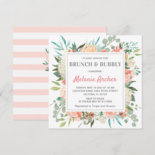 Brunch Bubbly Spring Peach Floral Bridal Shower Invitation (Front/Back)