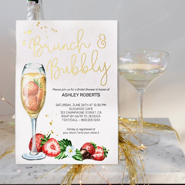 Brunch Bubbly Strawberry Champagne Bridal Shower Foil Invitation (Gold Foil bridal shower invitation from my Strawberries and Champagne bridal shower collection)