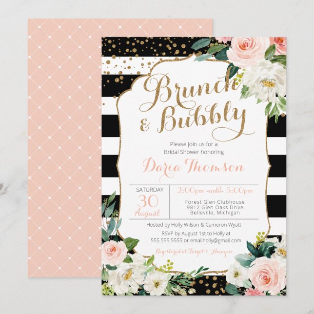 Brunch & Bubbly Stripe Blush Floral Bridal Shower Invitation (Front/Back)
