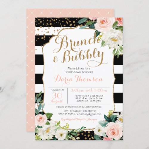 Brunch  Bubbly Stripe Blush Floral Bridal Shower Invitation