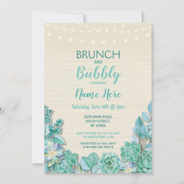 Brunch & Bubbly Succulents Bridal Shower Mint Invitation (Front)