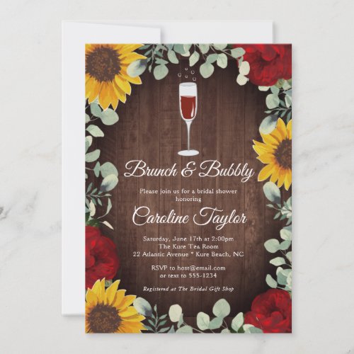 Brunch Bubbly Sunflowers Roses Wine Bridal Shower Invitation