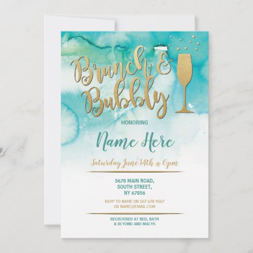 Brunch  Bubbly Teal Gold Bridal Shower Invite