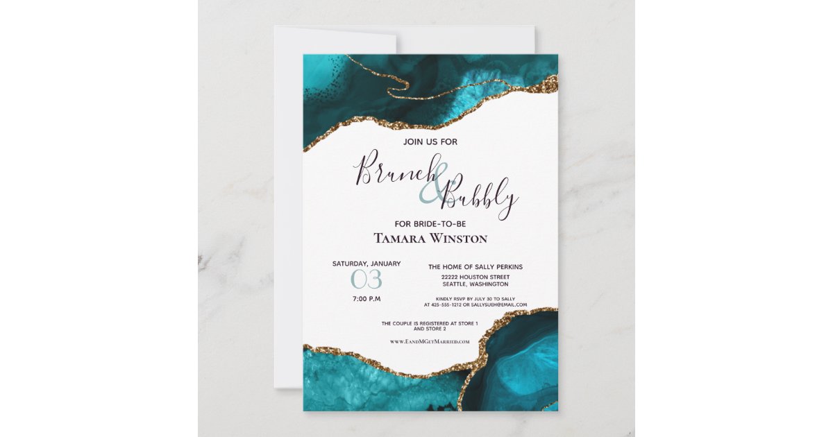 Brunch Bubbly Teal Gold Glitter Agate Shower Invitation | Zazzle