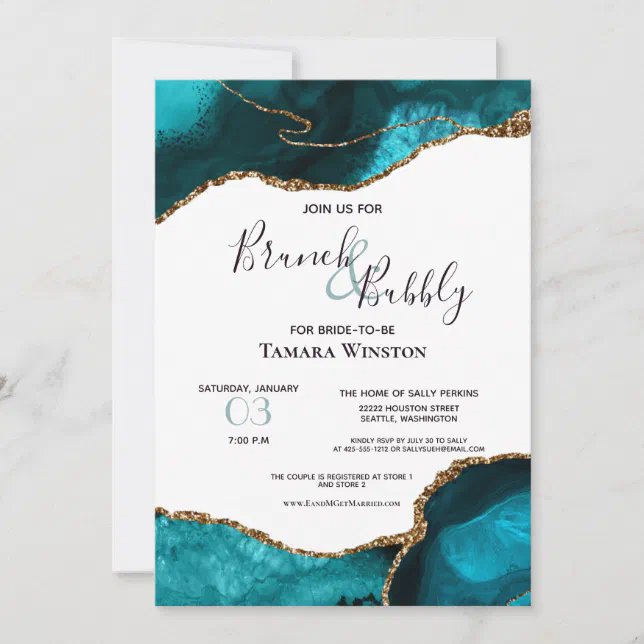 Brunch Bubbly Teal Gold Glitter Agate Shower Invitation | Zazzle