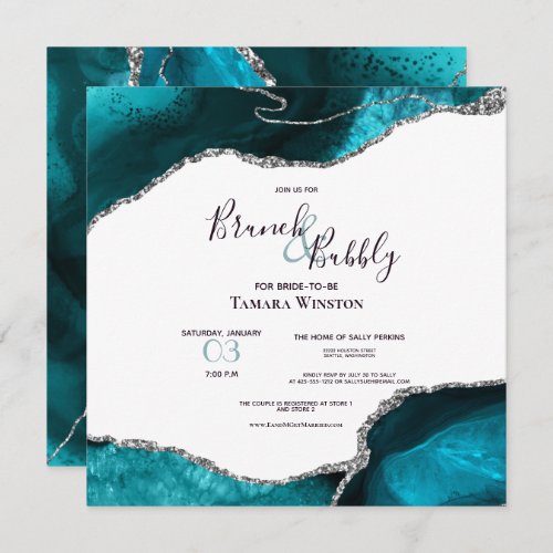 Brunch Bubbly Teal Silver Glitter Agate Shower Invitation