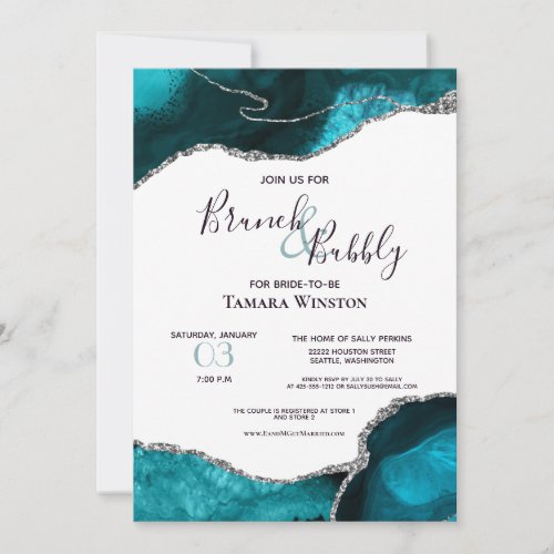 Brunch Bubbly Teal Silver Glitter Agate Shower Invitation