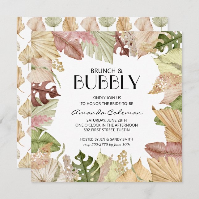 Brunch Bubbly Tropical Leaves Bridal Shower Invitation (Front/Back)
