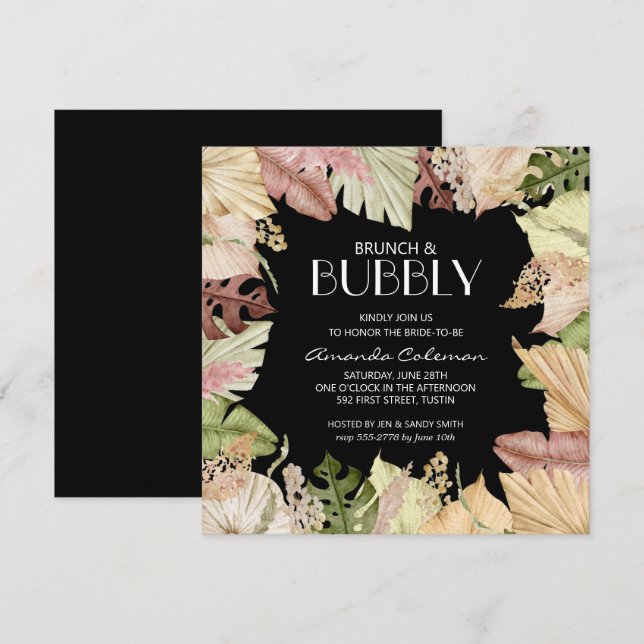 Brunch Bubbly Tropical Leaves Bridal Shower Invite (Front/Back)