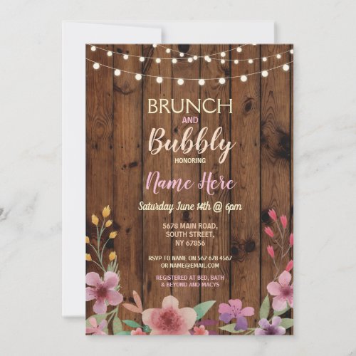 Brunch  Bubbly Vintage Flower Bridal Shower Wood Invitation