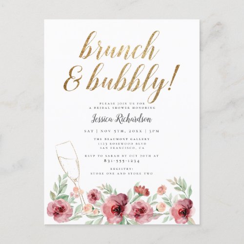 Brunch  Bubbly  Watercolor Floral Bridal Shower Invitation Postcard