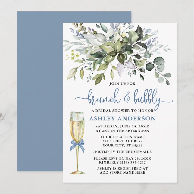 Brunch Bubbly Watercolor Greenery Dusty Blue Glass Invitation (Front/Back)