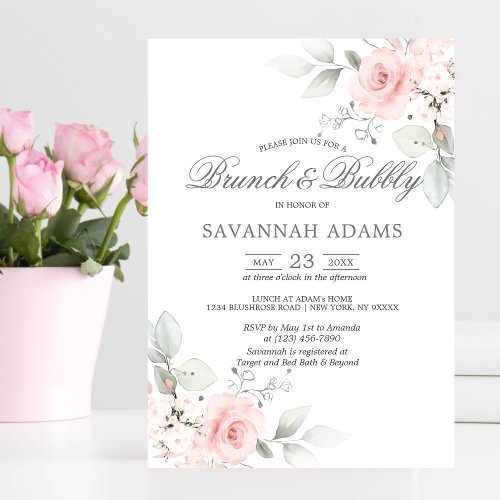 BRUNCH  BUBBLY Watercolor Pink Rose Budget Bridal Invitation