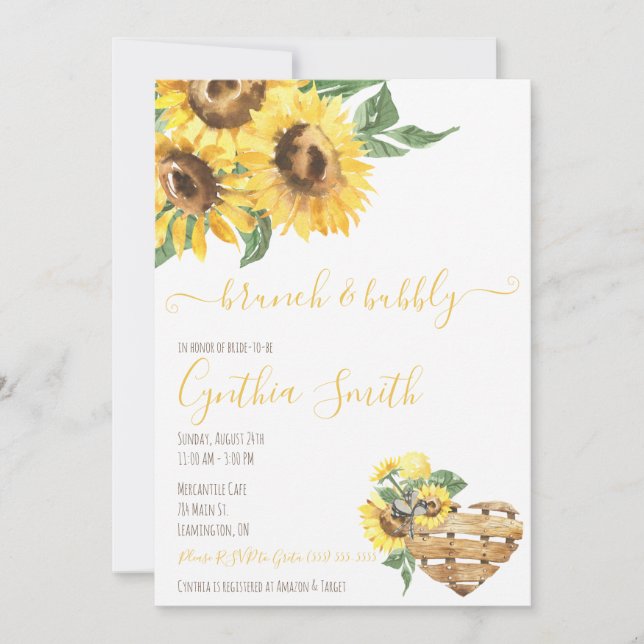 Brunch & Bubbly Watercolor Sunflower Bridal Shower Invitation (Front)