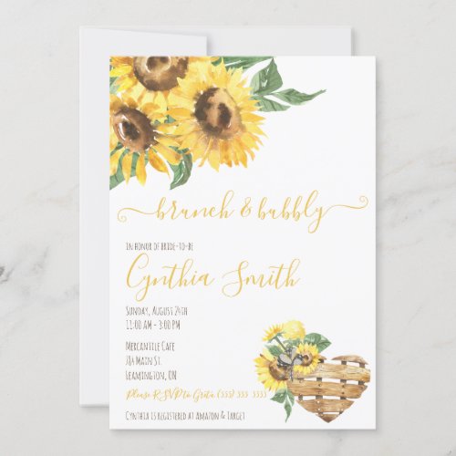 Brunch  Bubbly Watercolor Sunflower Bridal Shower Invitation