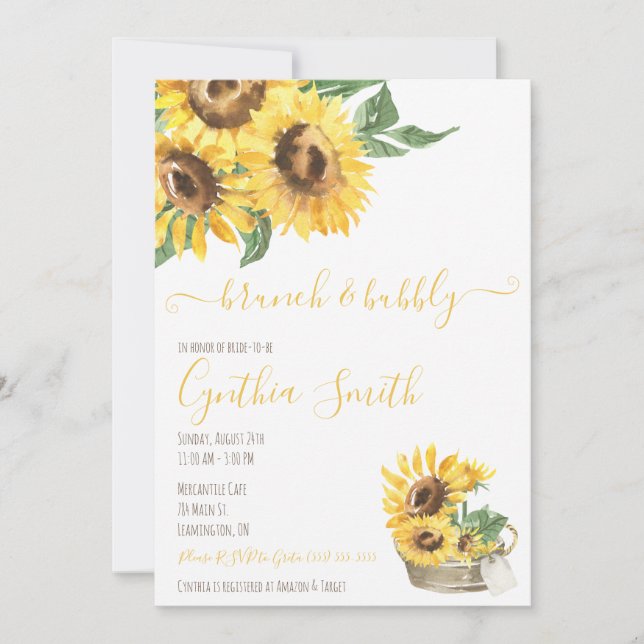 Brunch & Bubbly Watercolor Sunflower Bridal Shower Invitation (Front)
