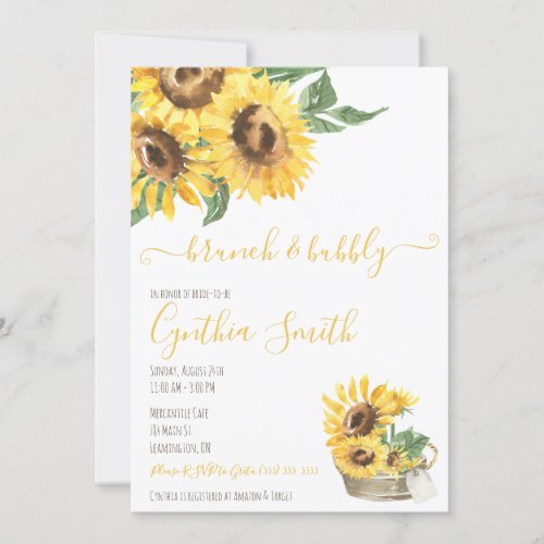 Brunch  Bubbly Watercolor Sunflower Bridal Shower Invitation