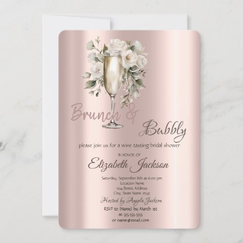  Brunch  Bubbly White Roses Drips Bridal Shower   Invitation