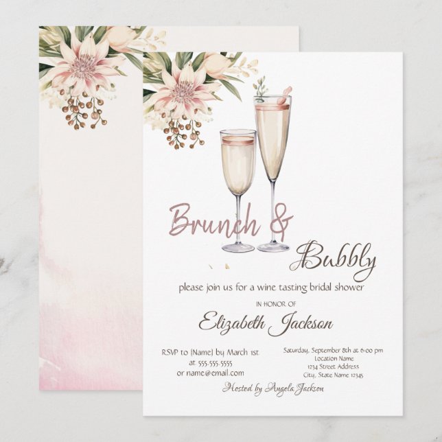 Brunch & Bubbly Wine Glass Floral Bridal Shower Invitation (Front/Back)