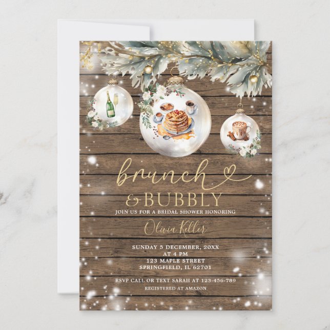 Brunch Bubbly Wood Christmas Baubles Bridal Shower Invitation (Front)