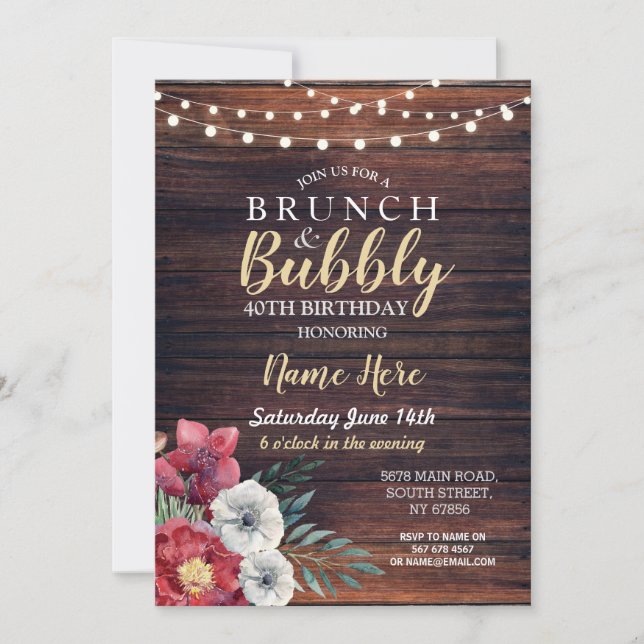 Brunch & Bubbly Wood Floral Red Flowers Lights Invitation (Front)
