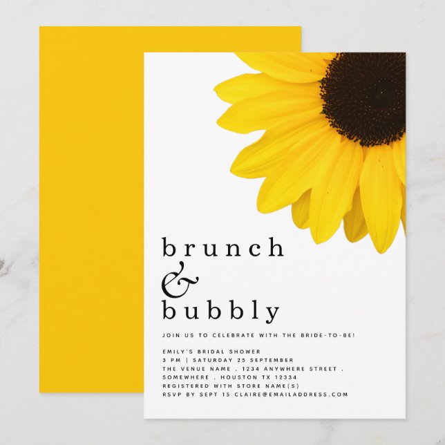 Brunch Bubbly Yellow Sunflower Bridal Shower Invitation (Front/Back)