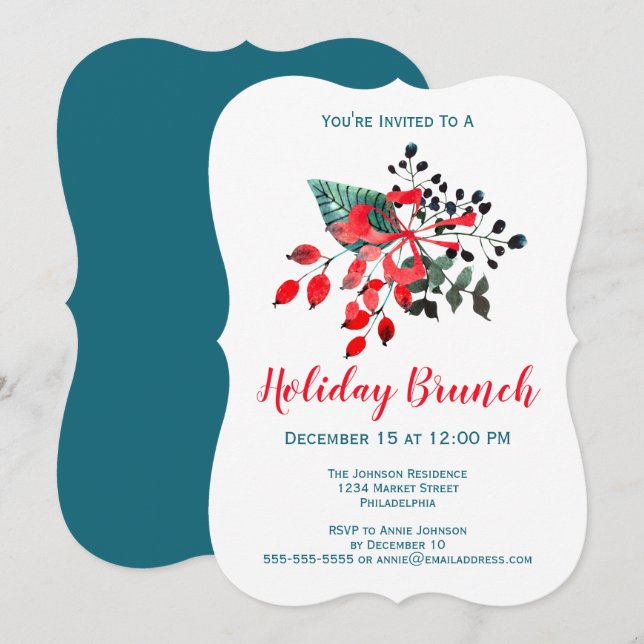 Brunch Event Winter Florals & Berries Red and Teal Invitation (Front/Back)