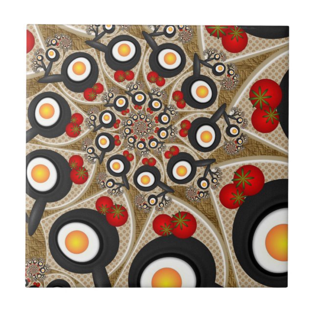 Brunch Fractal Art Funny Food, Tomatoes, Eggs Ceramic Tile (Front)