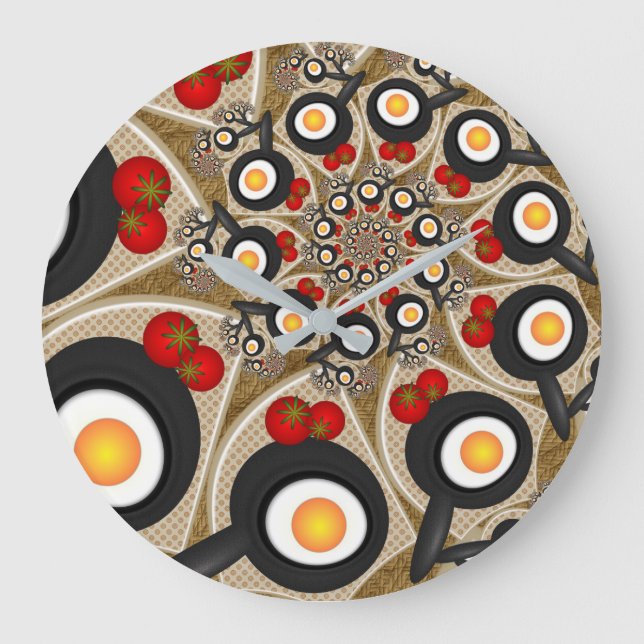 Brunch Fractal Art Funny Food, Tomatoes, Eggs Large Clock (Front)