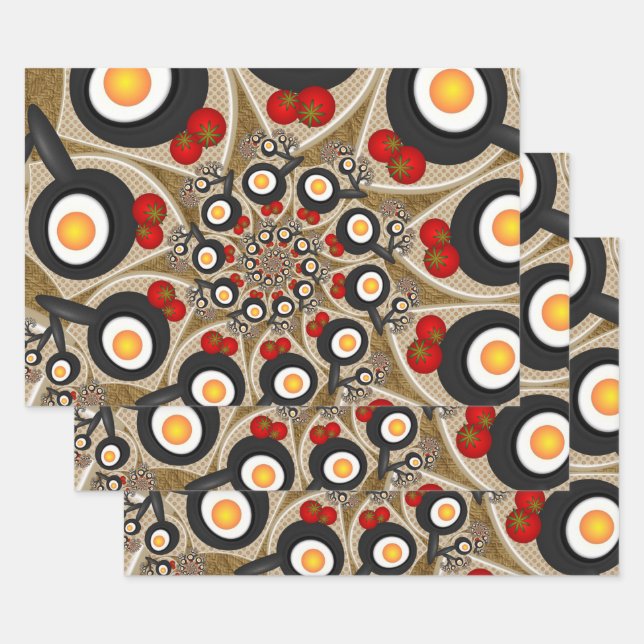 Brunch Fractal Art Funny Food, Tomatoes, Eggs Wrapping Paper Sheets (Set)