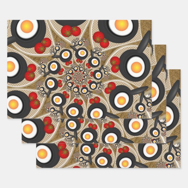 Brunch Fractal Art Funny Food, Tomatoes, Eggs Wrapping Paper Sheets (Set)