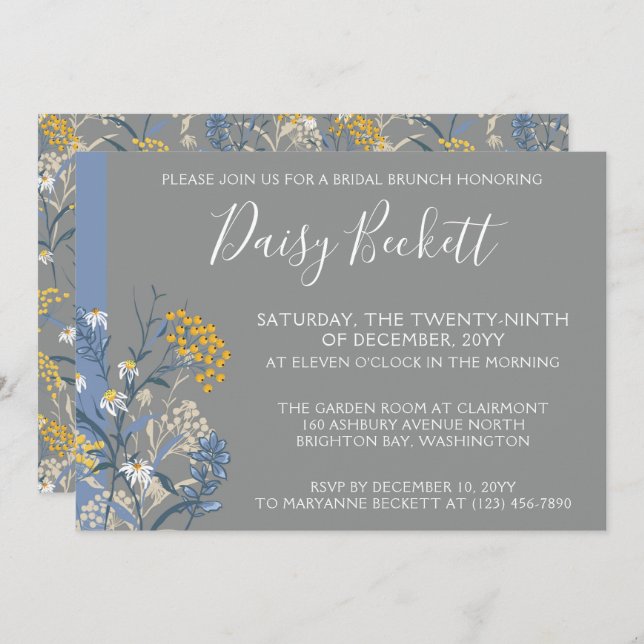 Brunch With The Bride Botanical Daisy Yellow Navy Invitation (Front/Back)