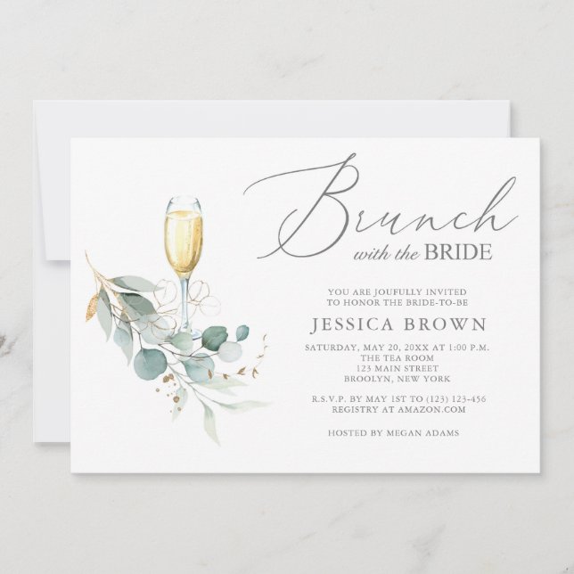Brunch with the Bride Gold Greenery Bridal Shower Invitation (Front)