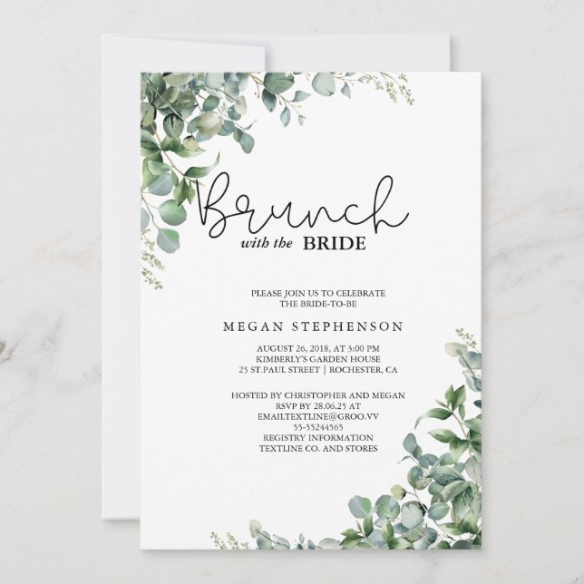 Brunch with the Bride Gold Greenery Bridal Shower Invitation (Front)