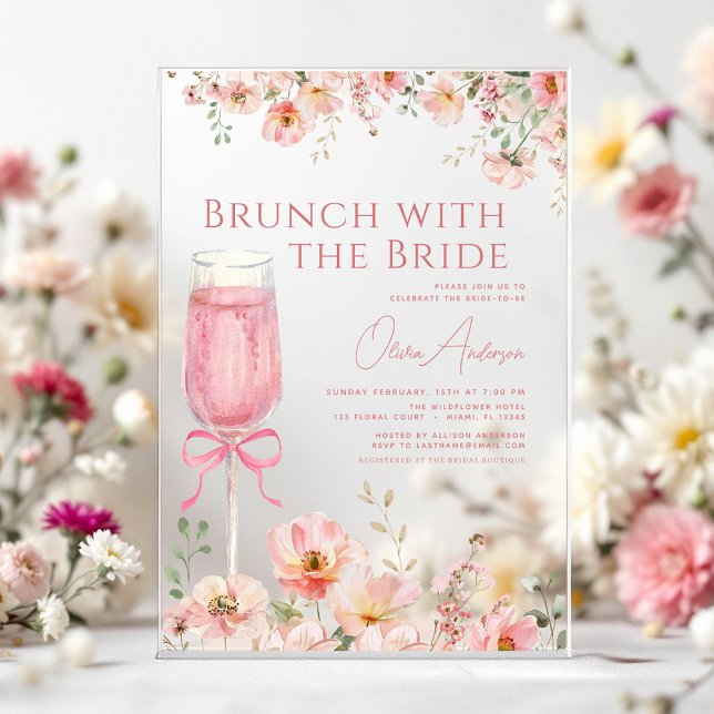 Brunch with The Bride Pink Bow Bridal Shower Acrylic Invitations (Creator Uploaded)