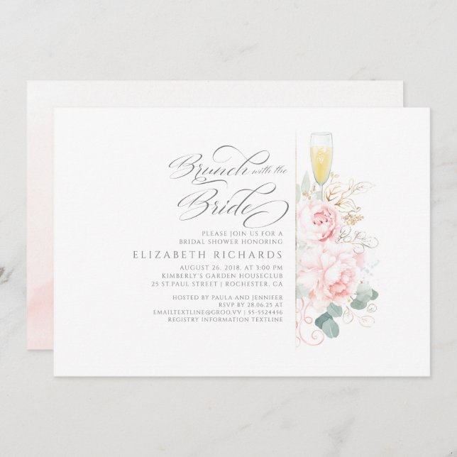 Brunch with the Bride Pink Floral Bridal Shower Invitation (Front/Back)