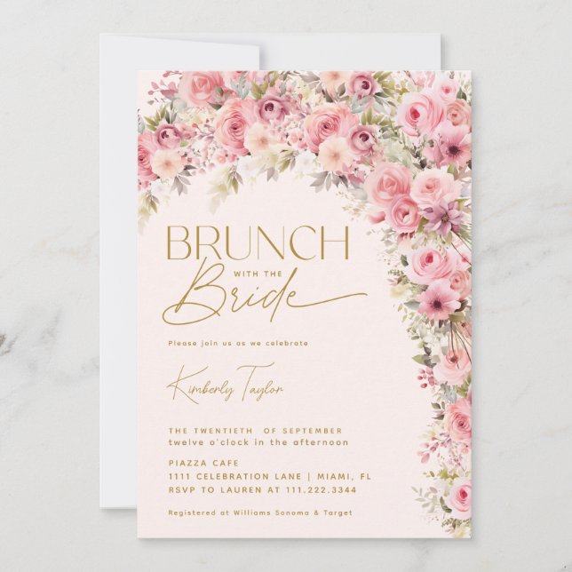 Brunch With The Bride Pink Floral Bridal Shower Invitation (Front)