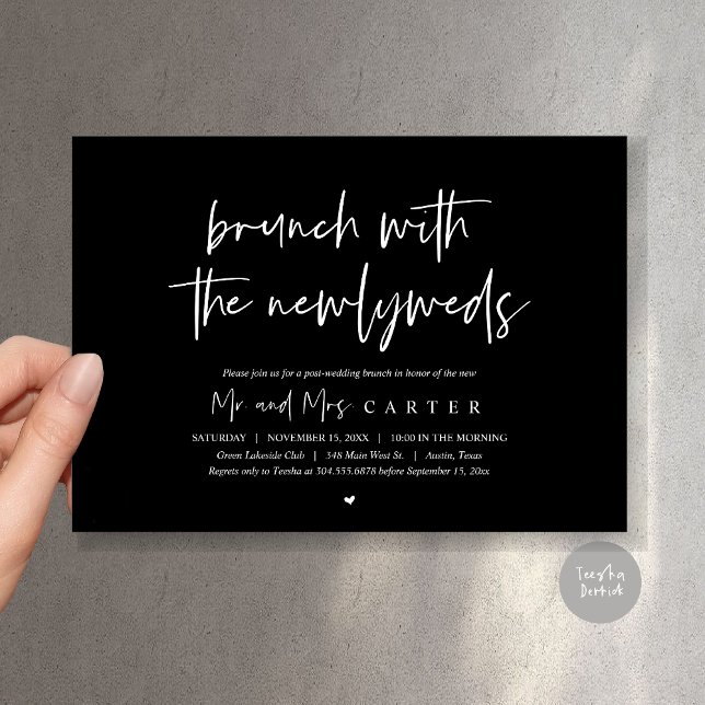 Brunch with the newlyweds, post wedding, Black Invitation (Brunch with the newlyweds, post wedding elopement invitation card, pdf, in classy black)