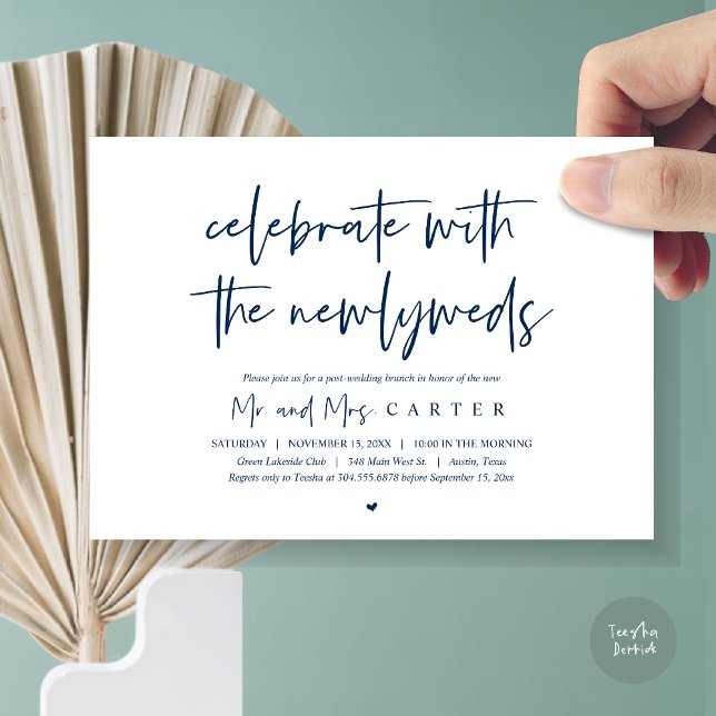 Brunch with the newlyweds, post wedding invitation (Celebrate with the newlyweds, Wedding Brunch Invitation Card, PDF, in Navy Blue)
