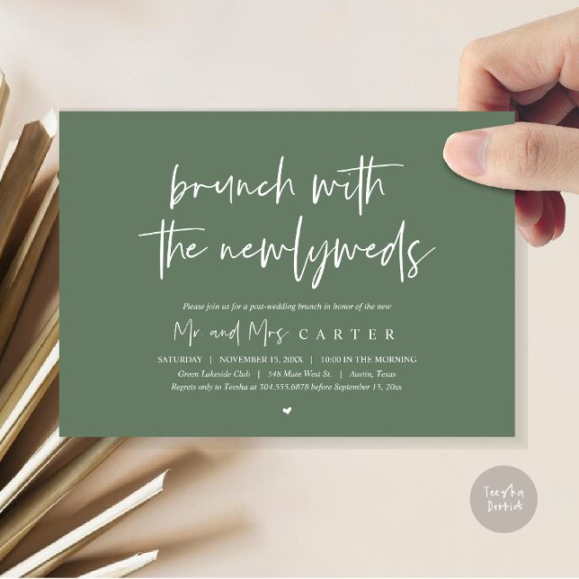 Brunch with the newlyweds, post wedding Sage Green Invitation (Brunch with the newlyweds, post wedding elopement invitation card, pdf, in forest sage green)