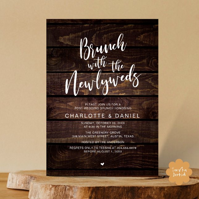 Brunch with the newlyweds, Wedding Elopement Invitation (Brunch with the newlyweds, Post Wedding Elopement Invitation Card PDF Cottage Dark Wood Background)